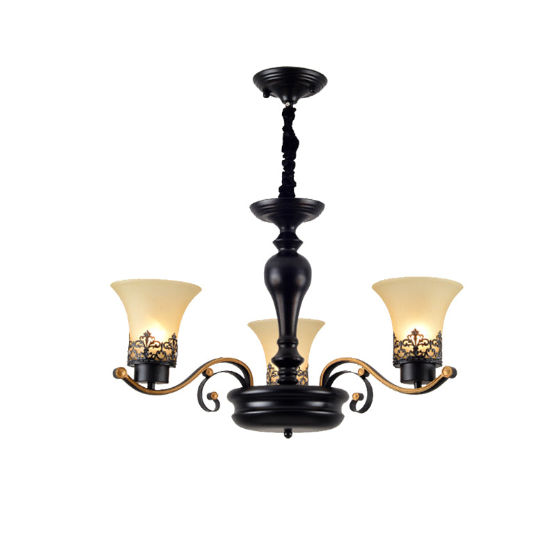 Traditional Bell Frosted Glass Chandelier Pendant Light For Living Room - Black 3/6/8 Lights