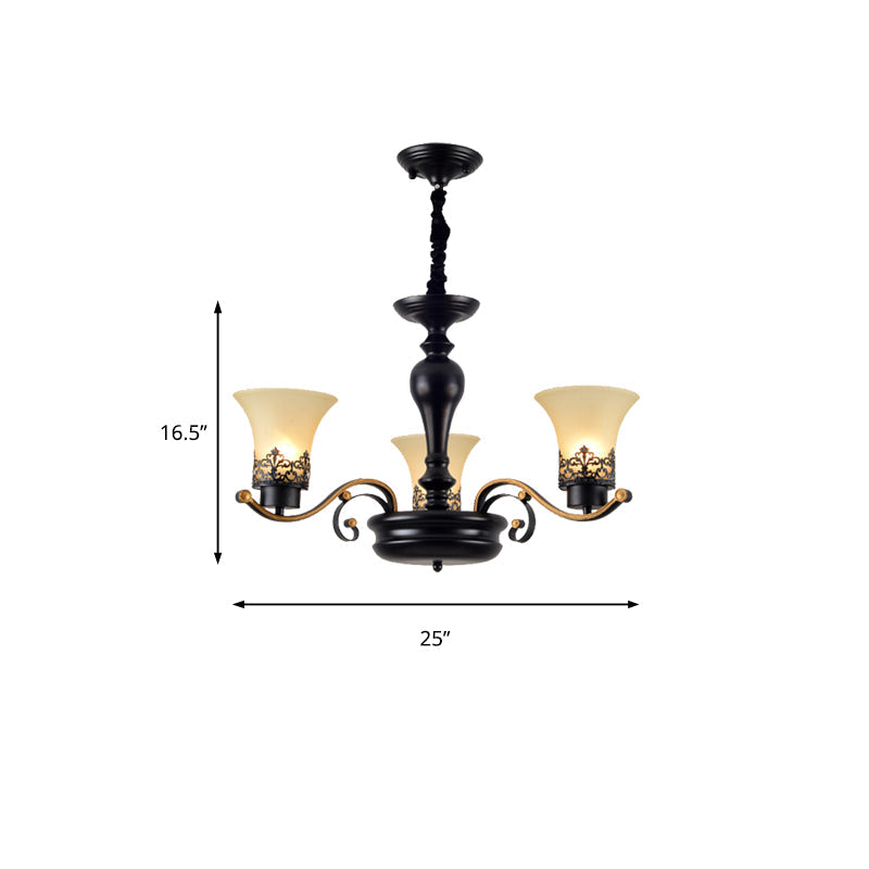 Traditional Bell Frosted Glass Chandelier Pendant Light For Living Room - Black 3/6/8 Lights