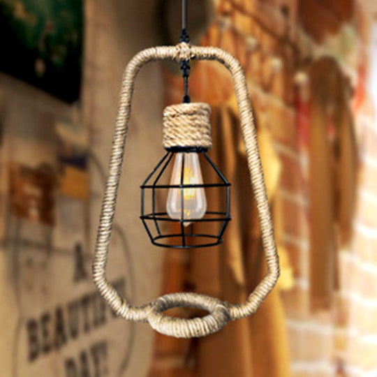 Industrial Kitchen Pendant Lighting: 1-Light Hanging Ceiling Light with Metal Globe and Rope Shade in Black