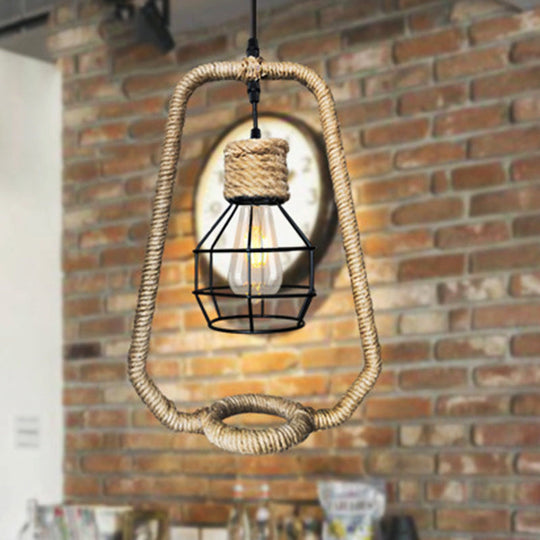 Industrial Kitchen Pendant Lighting: 1-Light Hanging Ceiling Light with Metal Globe and Rope Shade in Black