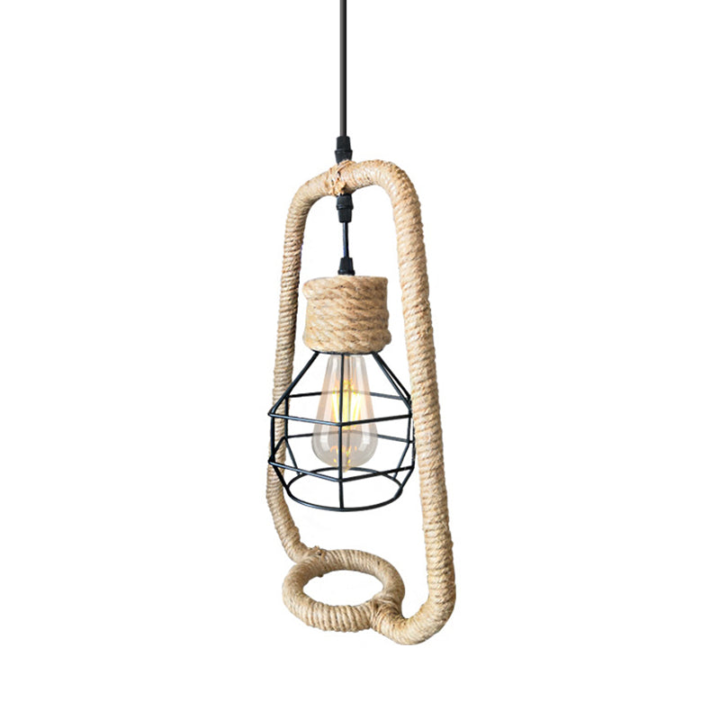 Industrial Black Metal & Rope Pendant Light With Globe Shade - Perfect For Kitchen Ceiling