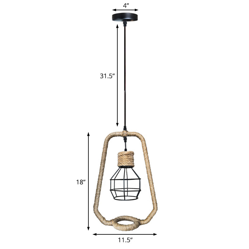 Industrial Kitchen Pendant Lighting: 1-Light Hanging Ceiling Light with Metal Globe and Rope Shade in Black