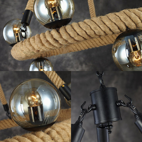 Industrial Black Metal 9-Bulb Ring Chandelier with Gray Glass Globe Shade