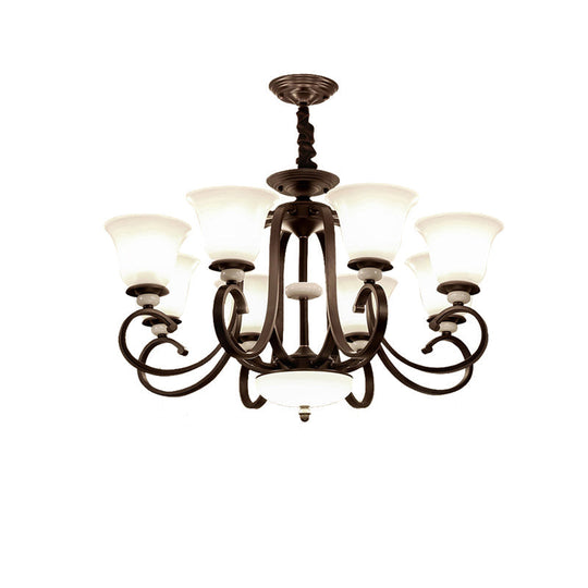 Traditional Bell Pendant Light: 3/6/8 Lights Frosted Glass Dark Coffee Finish