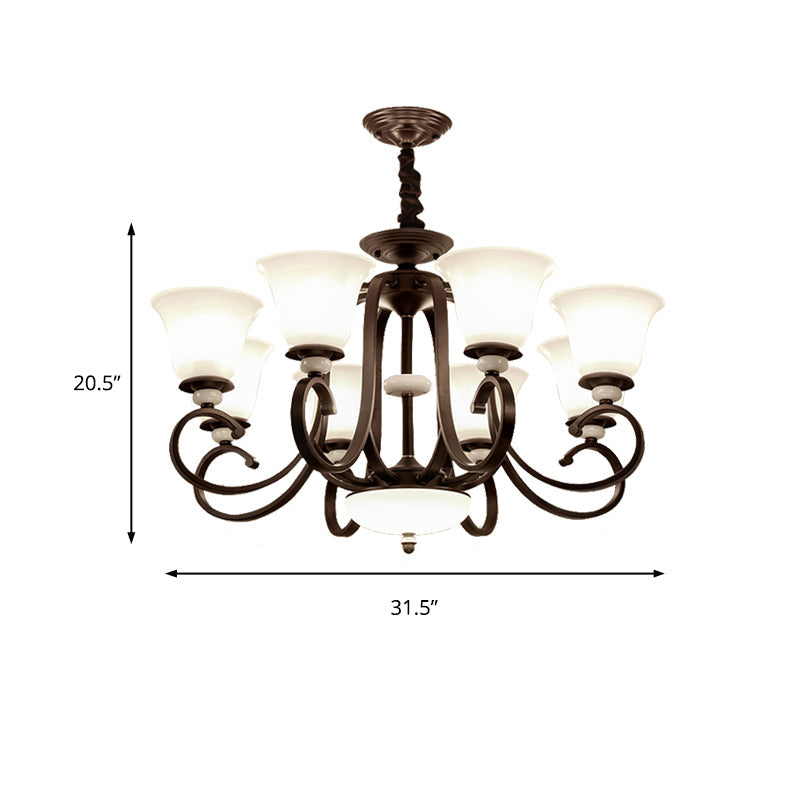 Traditional Bell Pendant Light: 3/6/8 Lights Frosted Glass Dark Coffee Finish