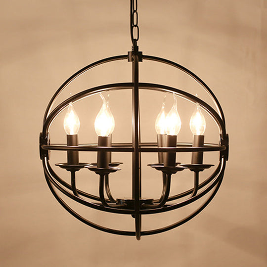 Industrial Black Chandelier With Globe Design - 6-Light Metal Pendant Fixture For Dining Room