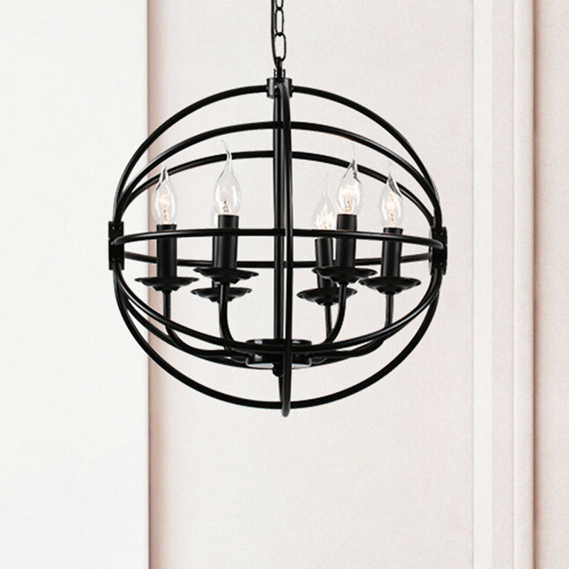 Industrial Black Chandelier With Globe Design - 6-Light Metal Pendant Fixture For Dining Room