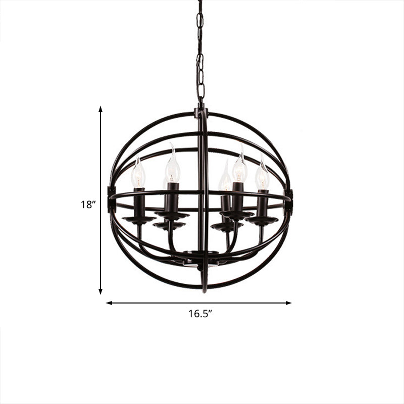 Industrial Black Metal Chandelier - 6-Light Candle Pendant with Globe Design for Dining Room