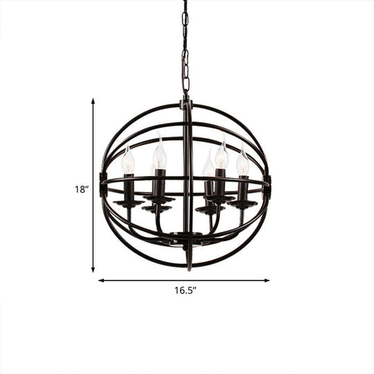 Industrial Black Metal Chandelier - 6-Light Candle Pendant with Globe Design for Dining Room