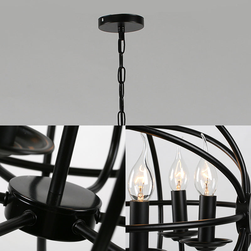 Industrial Black Metal Chandelier - 6-Light Candle Pendant with Globe Design for Dining Room