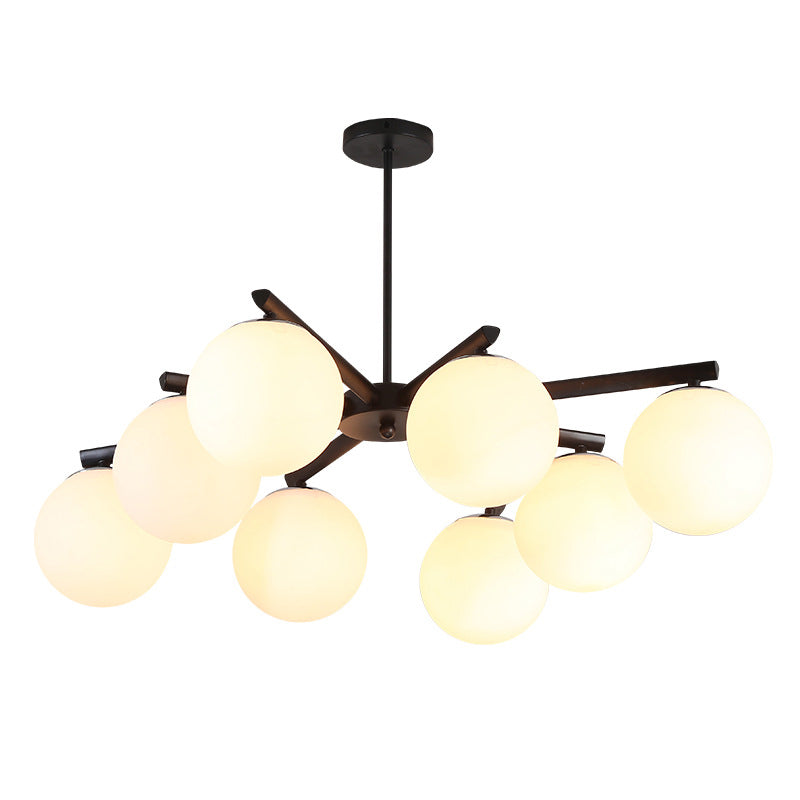 White Glass Globe Chandelier - Traditional Pendant Light With Sunburst Design In Black