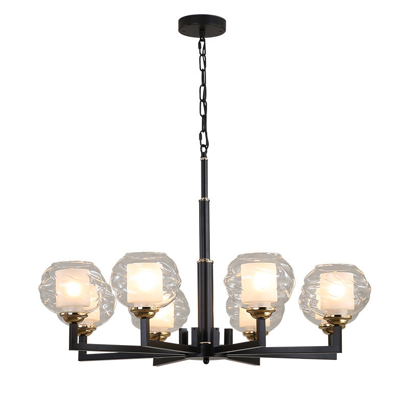 Traditional Black Ceiling Lamp - 3/6/8 Bulbs Clear Textured Glass Living Room Pendant Light