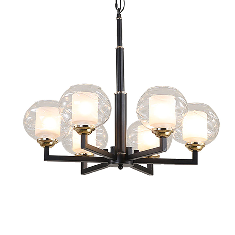 Traditional Black Ceiling Lamp - 3/6/8 Bulbs Clear Textured Glass Living Room Pendant Light