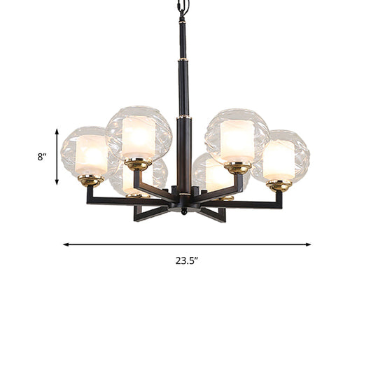 Traditional Black Ceiling Lamp - 3/6/8 Bulbs Clear Textured Glass Living Room Pendant Light