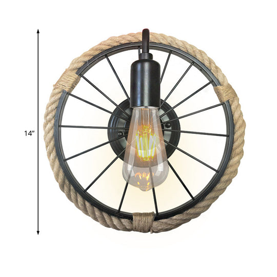 Industrial Rope Wall Mounted Sconce Lamp With Open Bulb And Wheel Shape - Black