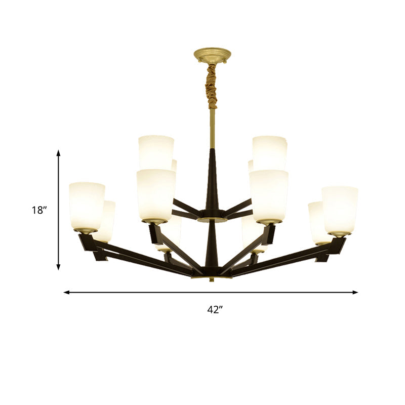 Traditional Cone Frosted Glass Chandelier In Black - Pendant Lighting For Living Room: 6/8/12 Lights