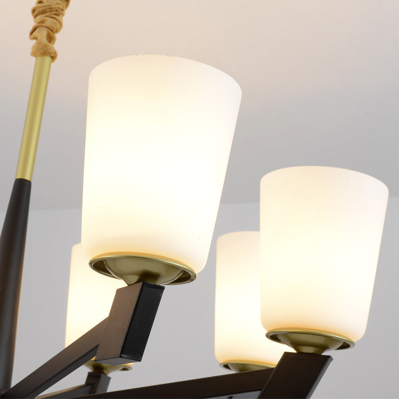 Traditional Cone Frosted Glass Chandelier In Black - Pendant Lighting For Living Room: 6/8/12 Lights