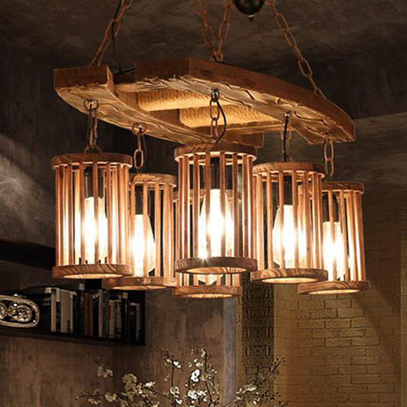 6-Light Vintage Black Wood Cylinder Chandelier - Stylish Pendant Light Fixture For Dining Room