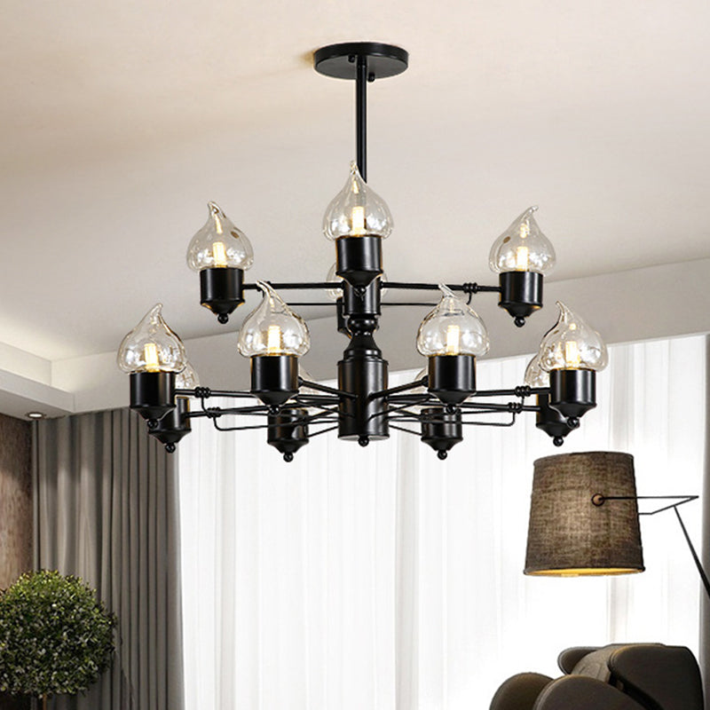 Traditional Black Two-Tiered Pendant Chandelier With 12 Candle Shades - Metal Hanging Fixture For