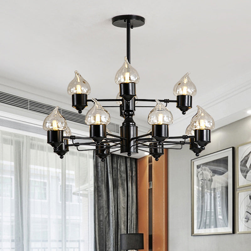 Traditional Black Two-Tiered Pendant Chandelier With 12 Candle Shades - Metal Hanging Fixture For