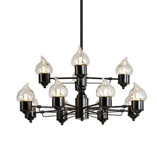 Traditional Black Two-Tiered Pendant Chandelier With 12 Candle Shades - Metal Hanging Fixture For