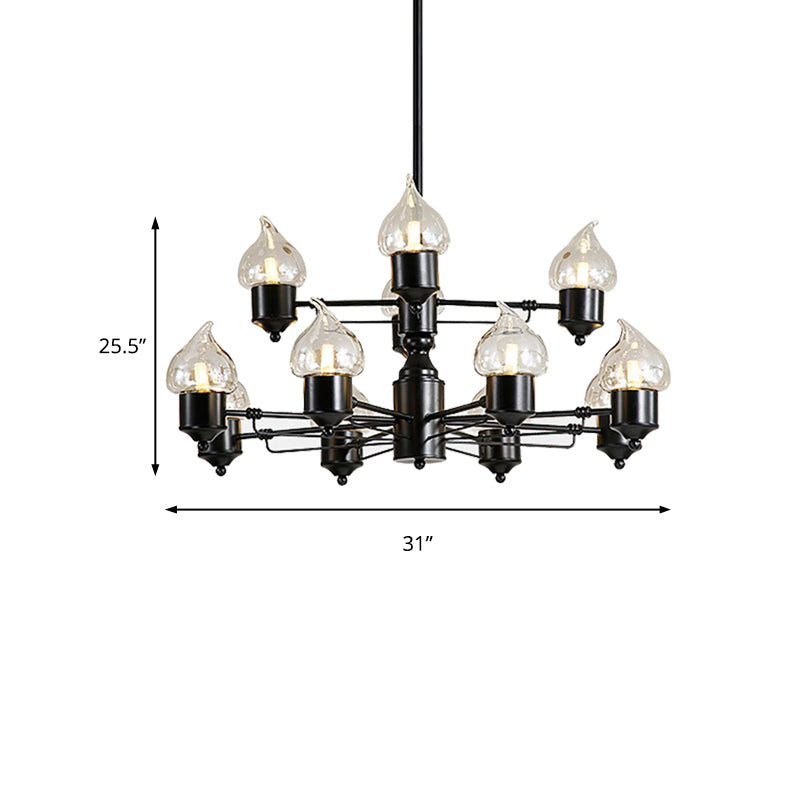 Traditional Black Two-Tiered Pendant Chandelier With 12 Candle Shades - Metal Hanging Fixture For