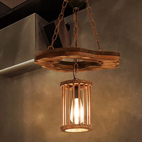 Factory Black Wooden Cylinder Pendant Light with Chain - 1 Light Hanging Fixture