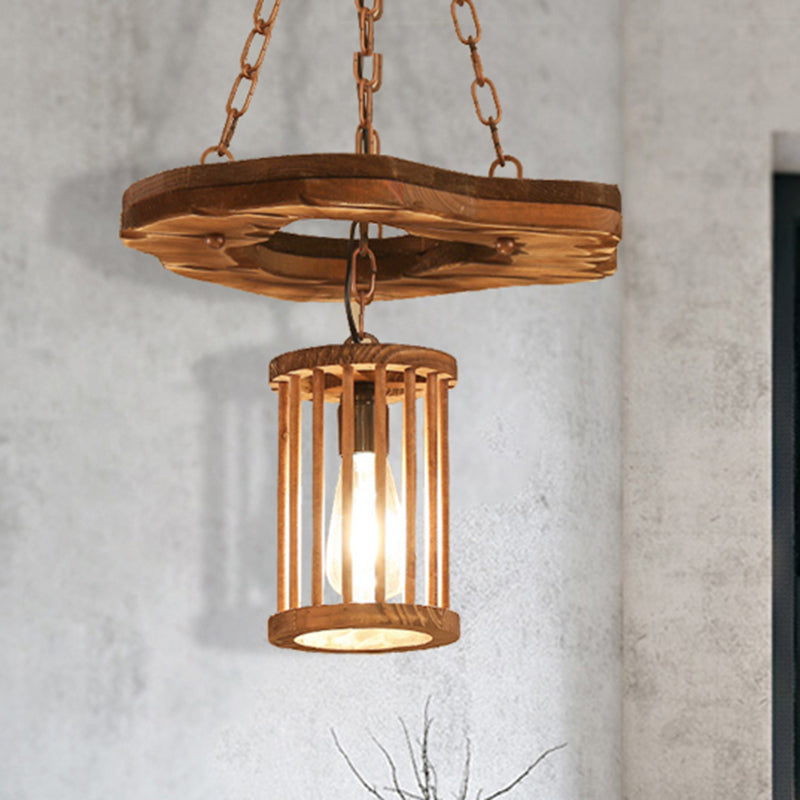 Black Wooden Cylinder Pendant Light With Chain - Industrial Hanging Fixture 1-Light