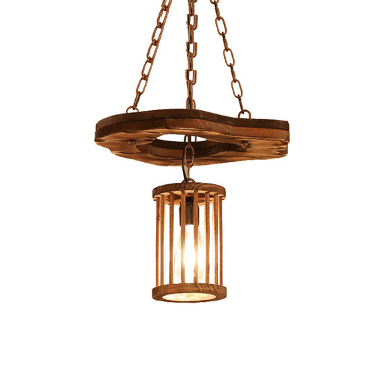 Black Wooden Cylinder Pendant Light With Chain - Industrial Hanging Fixture 1-Light