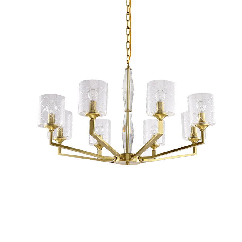 Cylinder Ceiling Chandelier - Clear Glass Traditional Style 6/8 Light Brass Fixture Ideal For Living