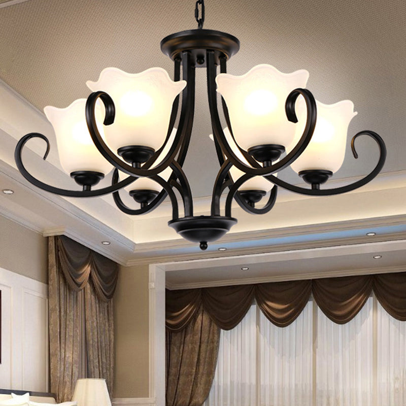 Traditional Flower Shape Frosted Glass Ceiling Chandelier With Black Finish - Ideal For Living Room