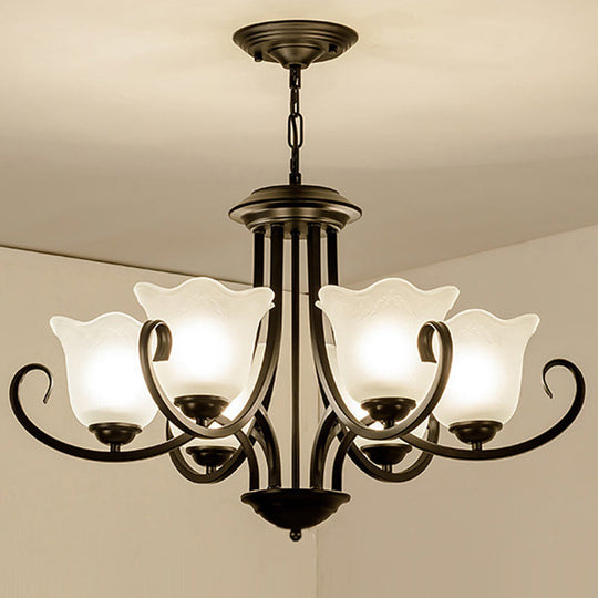 Traditional Flower Shape Frosted Glass Ceiling Chandelier With Black Finish - Ideal For Living Room