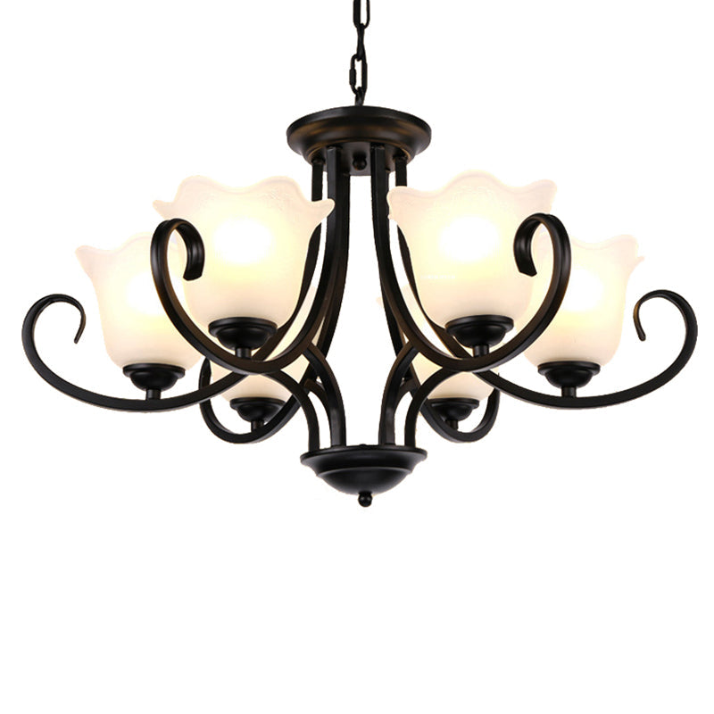 Traditional Flower Shape Frosted Glass Ceiling Chandelier With Black Finish - Ideal For Living Room