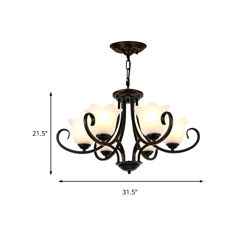 Traditional Flower Shape Frosted Glass Ceiling Chandelier With Black Finish - Ideal For Living Room