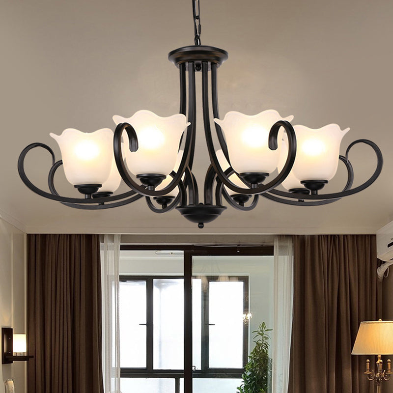 Traditional Flower Shape Frosted Glass Ceiling Chandelier With Black Finish - Ideal For Living Room