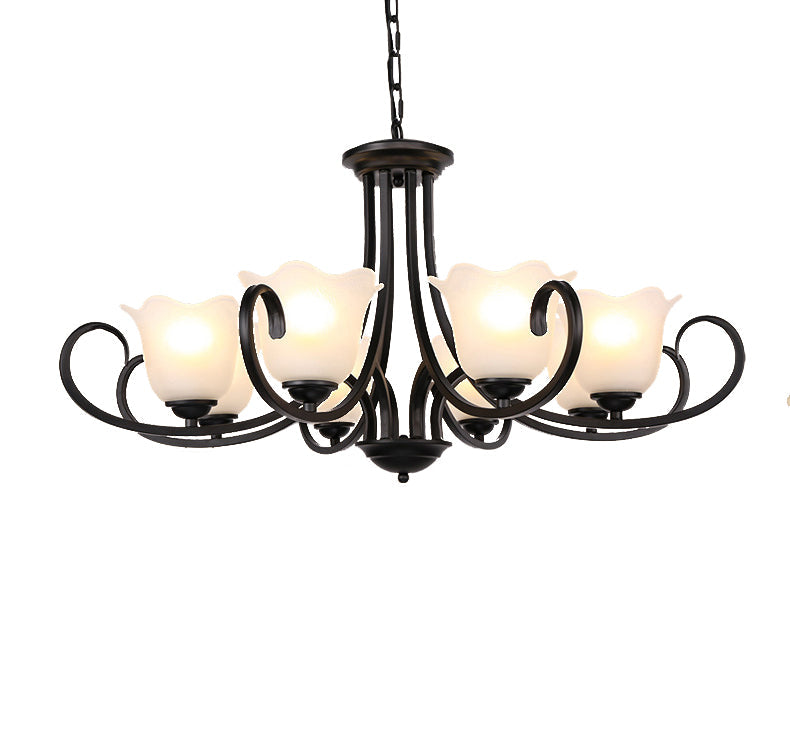 Traditional Flower Shape Frosted Glass Ceiling Chandelier With Black Finish - Ideal For Living Room