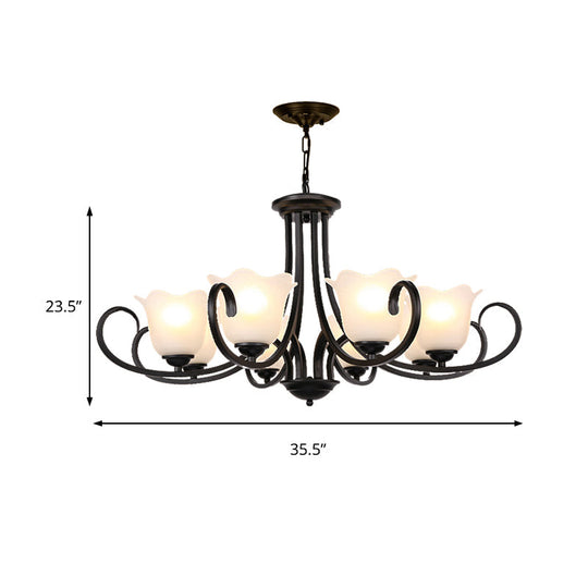 Traditional Flower Shape Frosted Glass Ceiling Chandelier With Black Finish - Ideal For Living Room