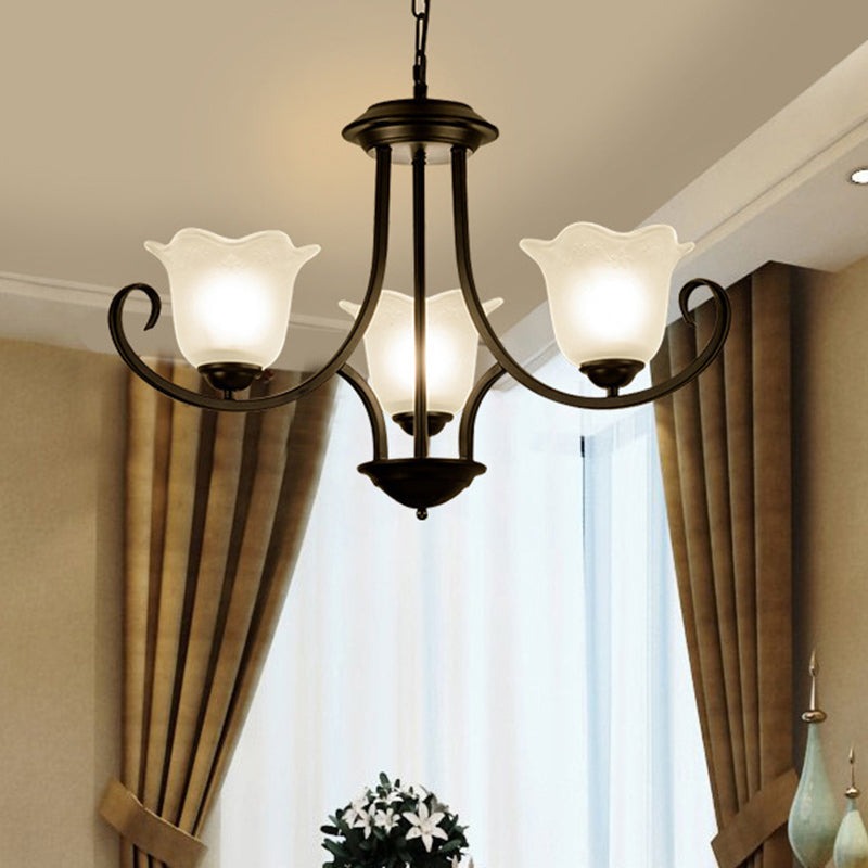 Traditional Flower Shape Frosted Glass Ceiling Chandelier With Black Finish - Ideal For Living Room