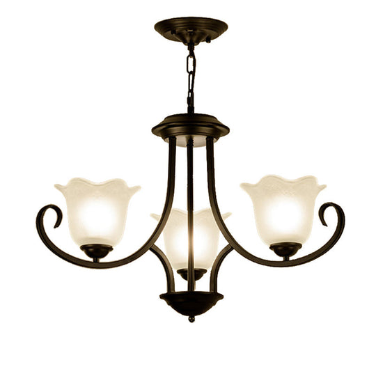 Traditional Flower Shape Frosted Glass Ceiling Chandelier With Black Finish - Ideal For Living Room