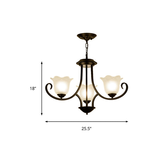 Traditional Flower Shape Frosted Glass Ceiling Chandelier With Black Finish - Ideal For Living Room