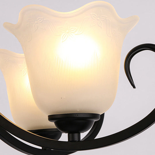 Traditional Flower Shape Frosted Glass Ceiling Chandelier With Black Finish - Ideal For Living Room