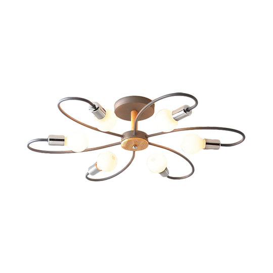 Contemporary Sputnik Semi Flush Lamp With Curved Arm - 3/6/8 Lights Grey/Green Metal Finish