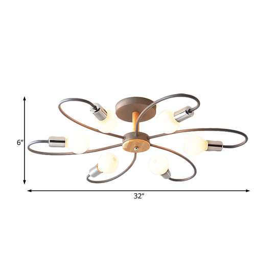 Contemporary Sputnik Semi Flush Lamp With Curved Arm - 3/6/8 Lights Grey/Green Metal Finish