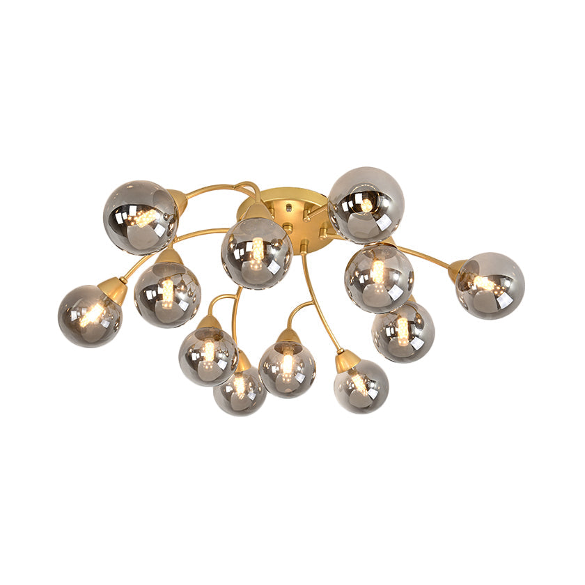 Modernist Amber/Smoky/Cream Glass Semi Flush Lamp with Grape Shape, LED Lights - Gold Flush Mount Fixture