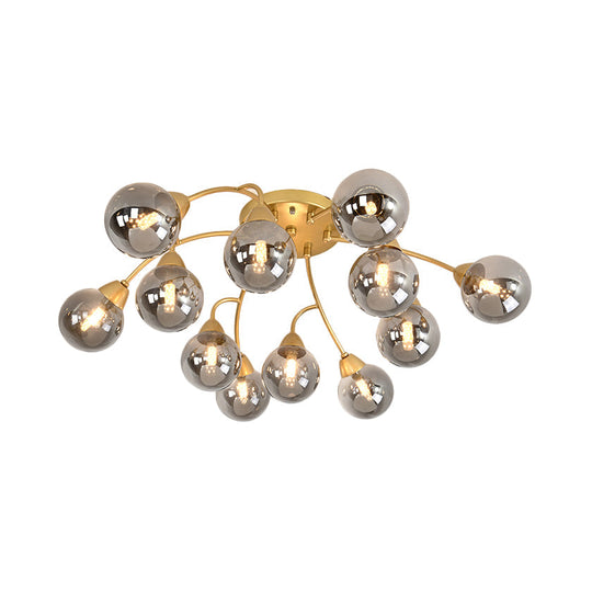 Modernist Amber/Smoky/Cream Glass Semi Flush Lamp with Grape Shape, LED Lights - Gold Flush Mount Fixture