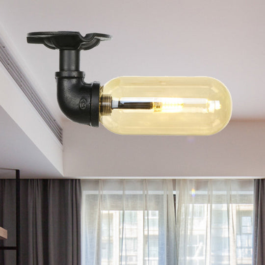 Industrial Amber Glass Semi Flush Mount Light with Pipe Design - Black Capsule Shade, Indoor Ceiling Fixture