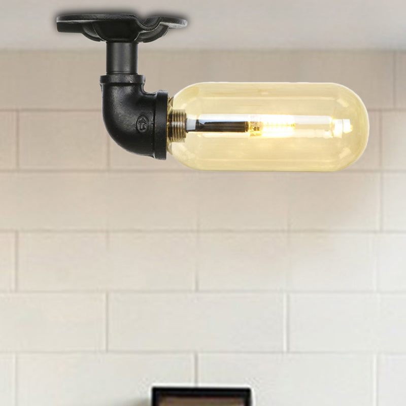 Industrial Amber Glass Semi Flush Mount Light With Pipe Design - Black Capsule Shade Indoor Ceiling