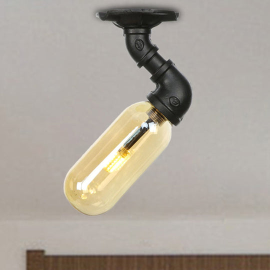 Industrial Amber Glass Semi Flush Mount Light With Pipe Design - Black Capsule Shade Indoor Ceiling