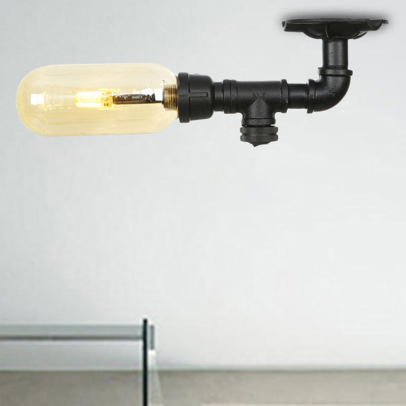 Industrial Amber Glass Semi Flush Mount Light With Pipe Design - Black Capsule Shade Indoor Ceiling