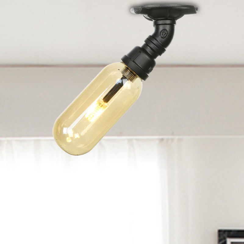 Industrial Amber Glass Semi Flush Mount Light With Pipe Design - Black Capsule Shade Indoor Ceiling